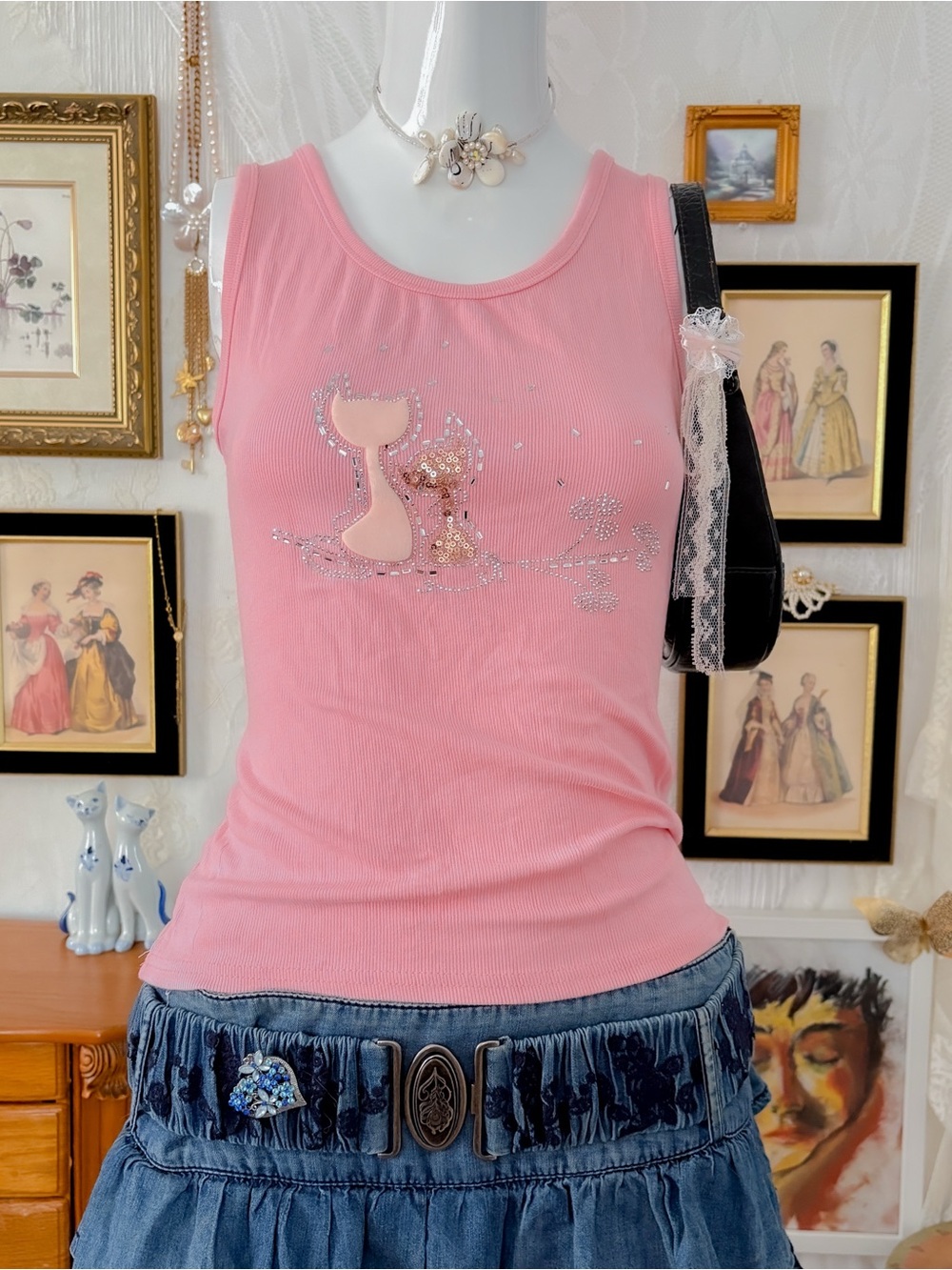 McBling bubblegum glam girly cat sequin beading rhinestone cotton blend tank